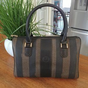 AUTHENTIC VINTAGE FENDI Pequin striped satchel handbag. Black